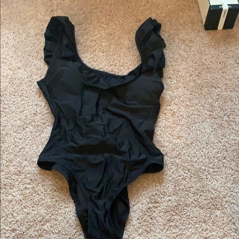 Black ruffle one piece swim suit